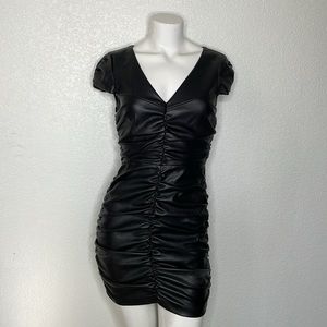 Zara Black Faux Leather Rouched Mini Dress Size S